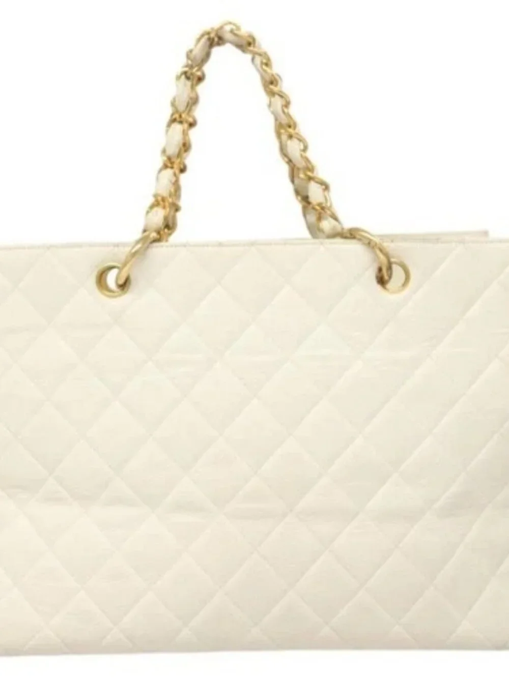 CHANEL Matelasse Chain Hand Bag Grained Calf Skin White Gold CC Auth bs26565
